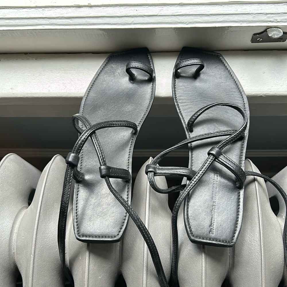 Reformation x Parma Martin black leather ankle wrap sandals, size 9